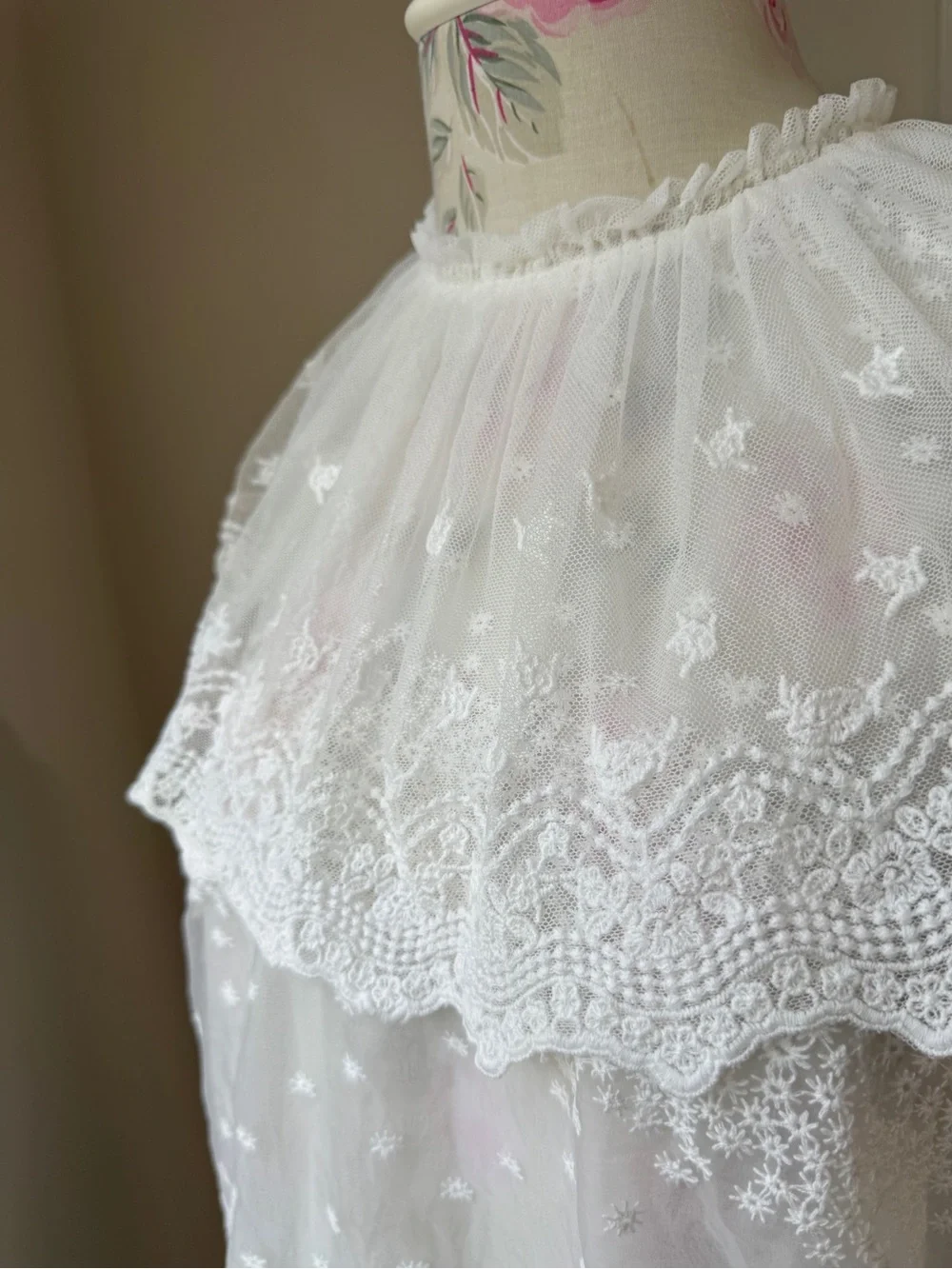 Zara White Sheer Lace Ruffle-Neck Blouse